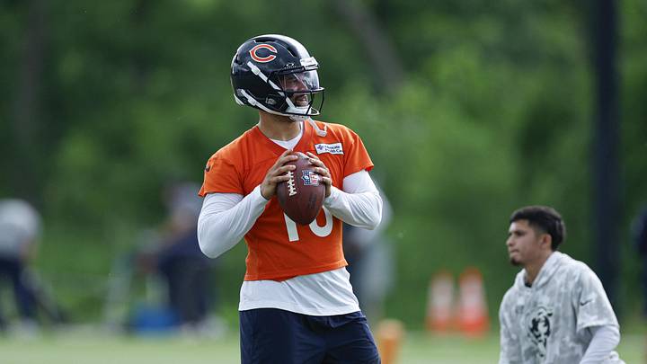 Jun 11, 2026; Lake Forest, IL, USA; Chicago Bears quarterback Caleb Williams (18) looks to pass the ball during Minicamp at Halas Hall. Mandatory Credit: Kamil Krzaczynski-Imagn Images