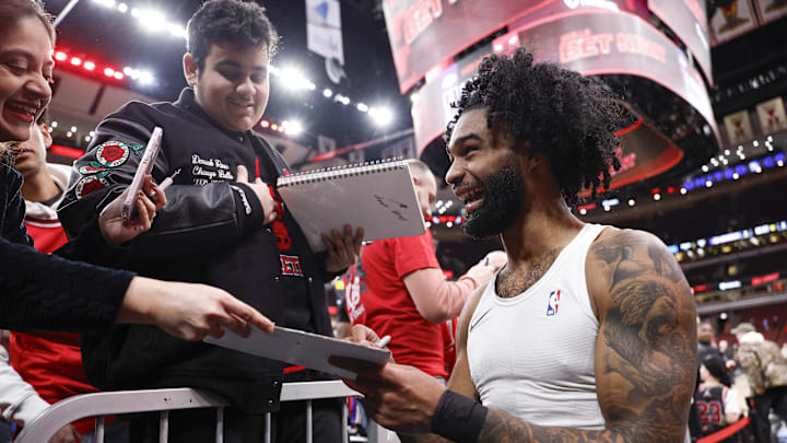 Jan 26, 2026; Chicago, Illinois, USA; Chicago Bulls guard Coby White (0) signs autographs before an NBA game against the Los Angeles Lakers at United Center. Mandatory Credit: Kamil Krzaczynski-Imagn Images
