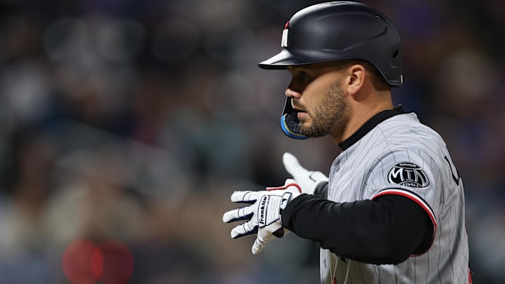 Apr 23, 2026; New York City, New York, USA;  Minnesota Twins right fielder Trevor Larnach (9) reacts after a single during the eighth inning against the New York Mets at Citi Field. Mandatory Credit: Vincent Carchietta-Imagn Images