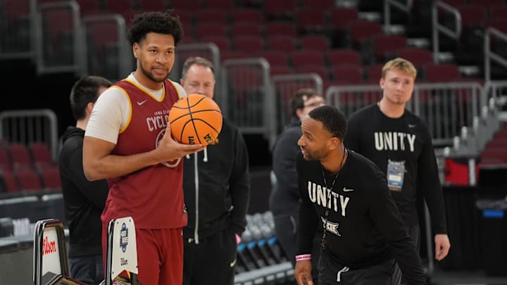 Mar 26, 2026; Chicago, IL, USA; Iowa State Cyclones forward Joshua Jefferson (5) warms up during a practice session ahead of the midwest regional of the men's 2026 NCAA Tournament at United Center. Mandatory Credit: David Banks-Imagn Images