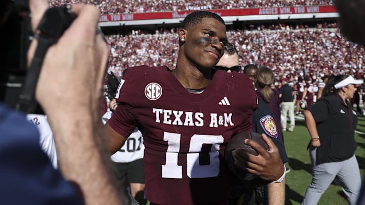 Nov 15, 2025; College Station, Texas, USA; Texas A&M Aggies quarterback Marcel Reed (10) walks on the field after the game against the South Carolina Gamecocks at Kyle Field. Mandatory Credit: Troy Taormina-Imagn Images