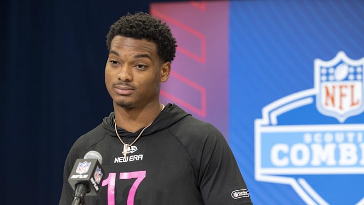 Feb 27, 2025; Indianapolis, IN, USA; Michigan defensive back Will Johnson (DB17) during the 2025 NFL Combine at Lucas Oil Stadium. Mandatory Credit: Tanner Pearson-Imagn Images