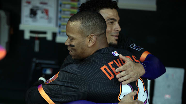 Jun 17, 2025; San Francisco, California, USA; San Francisco Giants designated hitter Rafael Devers (16) greets new teammate Willy Adames before taking on the Cleveland Guardians at Oracle Park. Mandatory Credit: D. Ross Cameron-Imagn Images