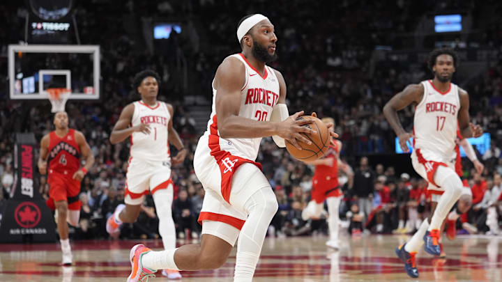 Oct 29, 2025; Toronto, Ontario, CAN; Houston Rockets forward Josh Okogie (20) drives to the net against the Toronto Raptors during the second half at Scotiabank Arena. Mandatory Credit: John E. Sokolowski-Imagn Images Oct 29, 2025; Toronto, Ontario, CAN; Houston Rockets forward Josh Okogie (20) drives to the net against the Toronto Raptors during the second half at Scotiabank Arena. Mandatory Credit: John E. Sokolowski-Imagn Images