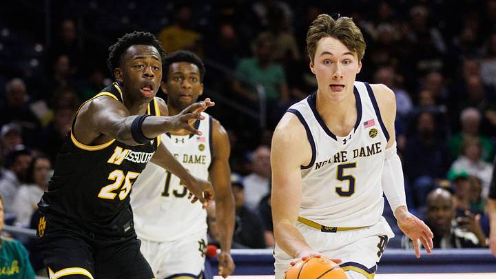 Notre Dame guard Cole Certa (5) drives to the basket during a NCAA men's basketball game against Missouri at Purcell Pavilion on Tuesday, Dec. 2, 2025, in South Bend. Notre Dame guard Cole Certa (5) drives to the basket during a NCAA men's basketball game against Missouri at Purcell Pavilion on Tuesday, Dec. 2, 2025, in South Bend.