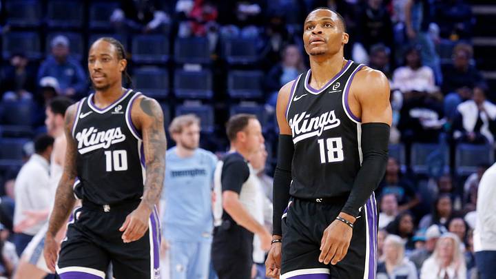 Nov 20, 2025; Memphis, Tennessee, USA; Sacramento Kings guard DeMar DeRozan (10) and guard Russell Westbrook (18) walk toward the bench during a timeout during the first quarter against the Memphis Grizzlies at FedExForum. Nov 20, 2025; Memphis, Tennessee, USA; Sacramento Kings guard DeMar DeRozan (10) and guard Russell Westbrook (18) walk toward the bench during a timeout during the first quarter against the Memphis Grizzlies at FedExForum.