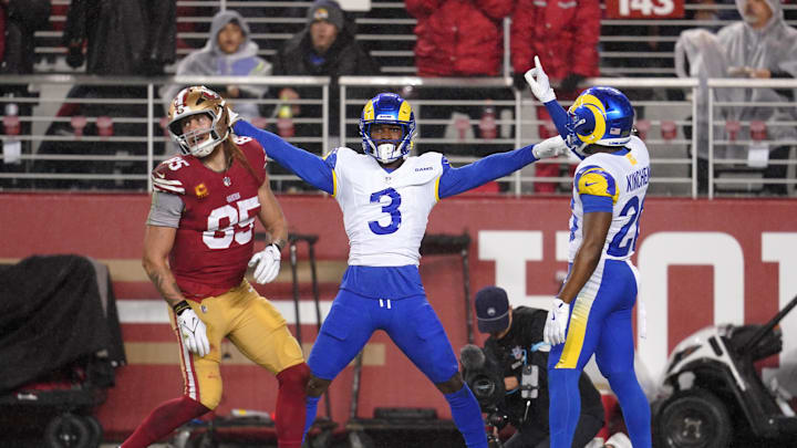 Dec 12, 2024; Santa Clara, California, USA; Los Angeles Rams safety Kamren Curl (3) reacts after breaking up a pass intended for San Francisco 49ers tight end George Kittle (85) in the second quarter at Levi's Stadium. Mandatory Credit: Cary Edmondson-Imagn Images