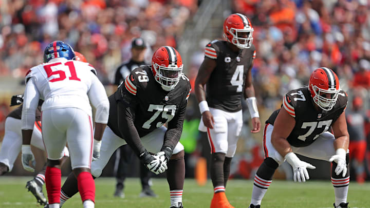 Cleveland Browns offensive tackle Dawand Jones (79) and guard Wyatt Teller (77) wait for the snap during the first half of an NFL football game against the New York Giants at Huntington Bank Field, Sunday, Sept. 22, 2024, in Cleveland, Ohio. Cleveland Browns offensive tackle Dawand Jones (79) and guard Wyatt Teller (77) wait for the snap during the first half of an NFL football game against the New York Giants at Huntington Bank Field, Sunday, Sept. 22, 2024, in Cleveland, Ohio.