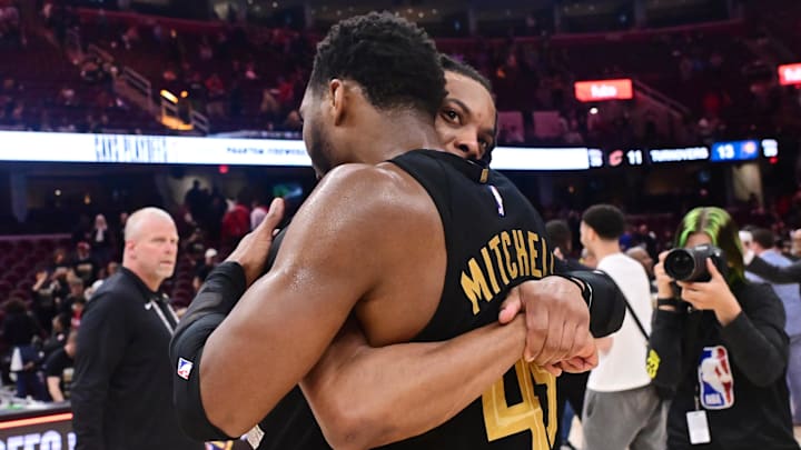 May 13, 2025; Cleveland, Ohio, USA; Cleveland Cavaliers guard Darius Garland (10) hugs guard Donovan Mitchell (45) after game five of the second round for the 2025 NBA Playoffs at Rocket Arena. Mandatory Credit: Ken Blaze-Imagn Images May 13, 2025; Cleveland, Ohio, USA; Cleveland Cavaliers guard Darius Garland (10) hugs guard Donovan Mitchell (45) after game five of the second round for the 2025 NBA Playoffs at Rocket Arena. Mandatory Credit: Ken Blaze-Imagn Images