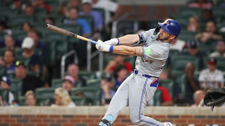 Toronto Blue Jays first baseman Spencer Horwitz (48) hits a RBI double against the Atlanta Braves in the fifth inning at Truist Park in 2024.