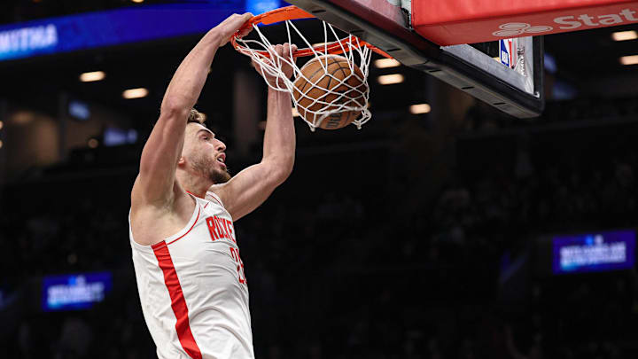Jan 1, 2026; Brooklyn, New York, USA; Houston Rockets center Alperen Sengun (28) dunks the ball during the second half against the Brooklyn Nets at Barclays Center. Mandatory Credit: Vincent Carchietta-Imagn Images