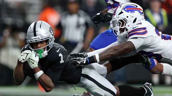 Oct 18, 2026; Paradise, Nevada, USA;  Las Vegas Raiders wide receiver Tre Tucker (1) catches a pass for a touchdown in the fourth quarter against the Buffalo Bills at Allegiant Stadium.  Mandatory Credit: David Brytus-Imagn Images