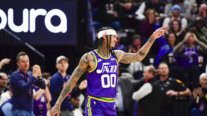Jan 10, 2024; Salt Lake City, Utah, USA; Utah Jazz guard Jordan Clarkson (00) reacts after making a