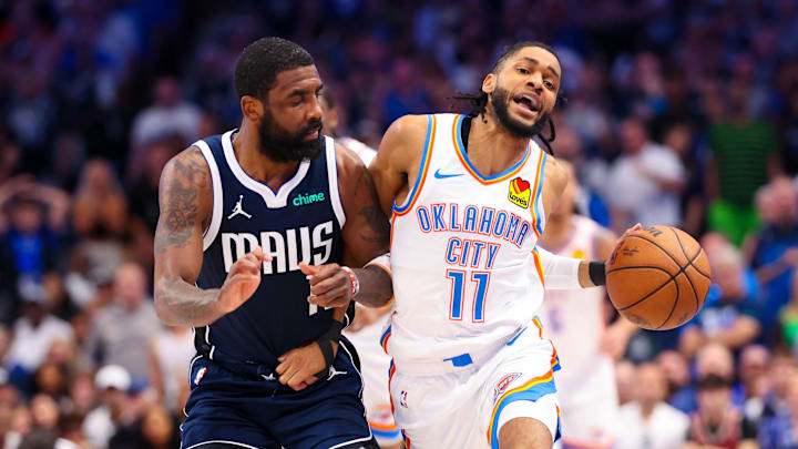 May 11, 2024; Dallas, Texas, USA; Oklahoma City Thunder guard Isaiah Joe (11) controls the ball as