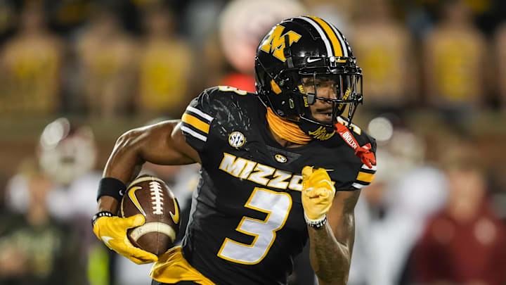 Nov 9, 2024; Columbia, Missouri, USA; Missouri Tigers wide receiver Luther Burden III (3) runs with the ball during the first half against the Oklahoma Sooners at Faurot Field at Memorial Stadium. Mandatory Credit: Jay Biggerstaff-Imagn Images