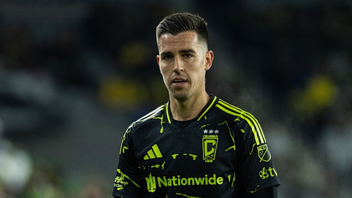 Feb 22, 2025; Columbus, Ohio, USA; Columbus Crew midfielder Dylan Chambost (7) in the second half against Chicago Fire FC at Lower.com Field. Mandatory Credit: Trevor Ruszkowski-Imagn Images