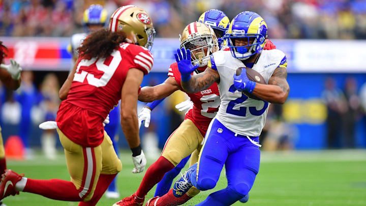 Sep 17, 2023; Inglewood, California, USA; Los Angeles Rams running back Kyren Williams (23) runs the ball against the San Francisco 49ers during the second half at SoFi Stadium. Mandatory Credit: Gary A. Vasquez-Imagn Images