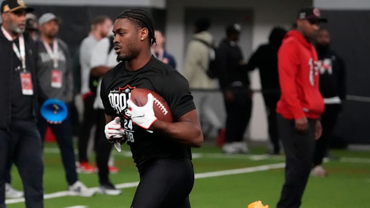 Former Georgia defensive back Malaki Starks (24) runs a drill during UGA Footballs Pro Day in Athens, Ga., on Wednesday, March 12, 2025. Representatives from all 32 NFL teams are on hand to watch former UGA football players in action. Former Georgia defensive back Malaki Starks (24) runs a drill during UGA Footballs Pro Day in Athens, Ga., on Wednesday, March 12, 2025. Representatives from all 32 NFL teams are on hand to watch former UGA football players in action.