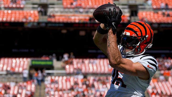 Cincinnati Bengals wide receiver Charlie Jones (15) catches a pass during warmups before the NFL Week 1 game between the Cleveland Browns and the Cincinnati Bengals at Huntington Bank Field in Cleveland on Sunday, Sept. 7, 2025.