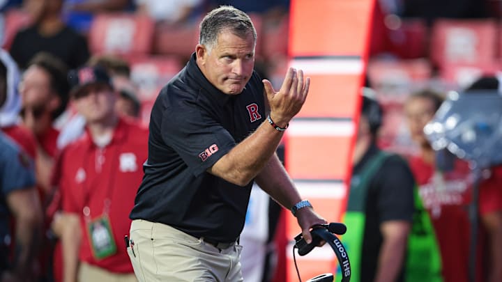 Aug 29, 2024; Piscataway, New Jersey, USA; Rutgers Scarlet Knights head coach Greg Schiano gestures towards an official during the first half against the Howard Bison at SHI Stadium. Mandatory Credit: Vincent Carchietta-Imagn Images Aug 29, 2024; Piscataway, New Jersey, USA; Rutgers Scarlet Knights head coach Greg Schiano gestures towards an official during the first half against the Howard Bison at SHI Stadium. Mandatory Credit: Vincent Carchietta-Imagn Images