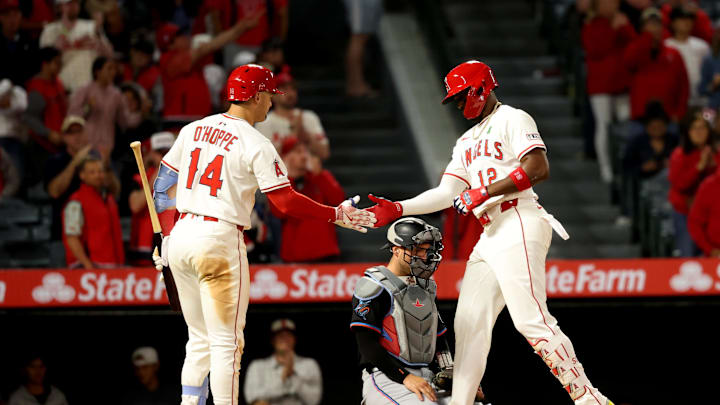 May 23, 2025; Anaheim, California, USA; Los Angeles Angels right fielder Jorge Soler (12) is greeted by designated hitter Logan O'Hoppe (14) after hitting a home run during the eighth inning against the Miami Marlins at Angel Stadium. Mandatory Credit: Kiyoshi Mio-Imagn Images May 23, 2025; Anaheim, California, USA; Los Angeles Angels right fielder Jorge Soler (12) is greeted by designated hitter Logan O'Hoppe (14) after hitting a home run during the eighth inning against the Miami Marlins at Angel Stadium. Mandatory Credit: Kiyoshi Mio-Imagn Images