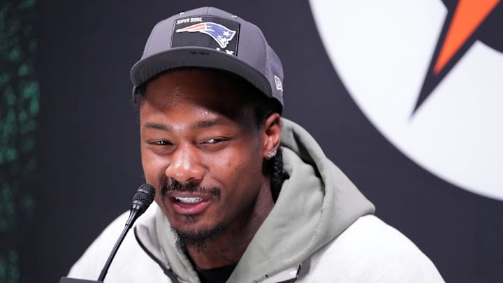 Feb 2, 2026; San Jose, CA, USA; New England Patriots wide receiver Stefon Diggs (8) speaks to media during Opening Night for Super Bowl LX at San Jose Convention Center. Mandatory Credit: Cary Edmondson-Imagn Images