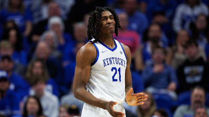Kentucky Wildcats forward Jayden Quaintance (21) reacts during game against the Missouri Tigers. Mandatory Credit: Jordan Prather-Imagn Images