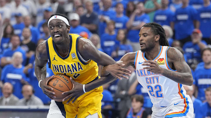 Jun 16, 2025; Oklahoma City, Oklahoma, USA; Indiana Pacers forward Pascal Siakam (43) controls the ball against Indiana Pacers forward Isaiah Jackson (22) during the second quarter of game five of the 2025 NBA Finals at Paycom Center. Mandatory Credit: Kyle Terada-Imagn Images Jun 16, 2025; Oklahoma City, Oklahoma, USA; Indiana Pacers forward Pascal Siakam (43) controls the ball against Indiana Pacers forward Isaiah Jackson (22) during the second quarter of game five of the 2025 NBA Finals at Paycom Center. Mandatory Credit: Kyle Terada-Imagn Images