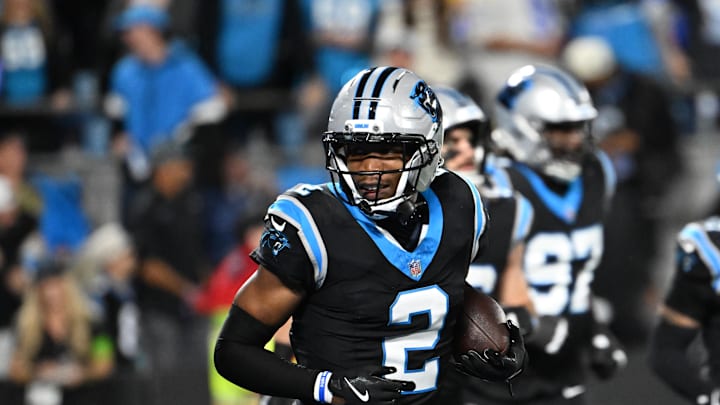 Jan 10, 2026; Charlotte, NC, USA; Carolina Panthers cornerback Mike Jackson (2) reacts in the fourth quarter in an NFC Wild Card Round game at Bank of America Stadium. Mandatory Credit: Bob Donnan-Imagn Images