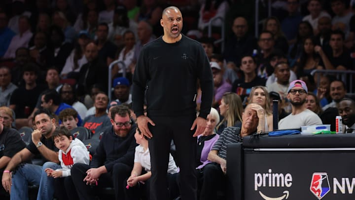 Feb 28, 2026; Miami, Florida, USA; Houston Rockets head coach Ime Udoka reacts from the sideline against the Miami Heat during the second quarter at Kaseya Center. Mandatory Credit: Sam Navarro-Imagn Images Feb 28, 2026; Miami, Florida, USA; Houston Rockets head coach Ime Udoka reacts from the sideline against the Miami Heat during the second quarter at Kaseya Center. Mandatory Credit: Sam Navarro-Imagn Images