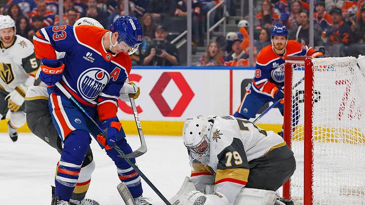 Apr 4, 2026; Edmonton, Alberta, CAN; Vegas Golden Knights goaltender Carter Hart (79) makes a save on Edmonton Oilers forward Ryan Nugent-Hopkins (93) during the first period at Rogers Place. Mandatory Credit: Perry Nelson-Imagn Images Apr 4, 2026; Edmonton, Alberta, CAN; Vegas Golden Knights goaltender Carter Hart (79) makes a save on Edmonton Oilers forward Ryan Nugent-Hopkins (93) during the first period at Rogers Place. Mandatory Credit: Perry Nelson-Imagn Images