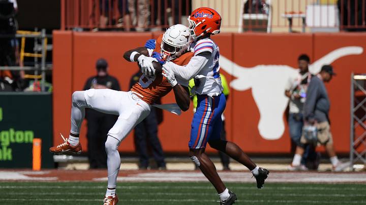 Oct 17, 2026; Austin, Texas, USA; Texas Longhorns wide receiver Cam Coleman (8) makes a catch while defended by Florida Gators cornerback Cormani McClain (25) during the second half at Darrell K Royal-Texas Memorial Stadium. Mandatory Credit: Scott Wachter-Imagn Images Oct 17, 2026; Austin, Texas, USA; Texas Longhorns wide receiver Cam Coleman (8) makes a catch while defended by Florida Gators cornerback Cormani McClain (25) during the second half at Darrell K Royal-Texas Memorial Stadium. Mandatory Credit: Scott Wachter-Imagn Images