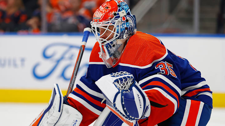 Sep 24, 2023; Edmonton, Alberta, CAN; Edmonton Oilers goaltender Olivier Rodrigue (35) follows the
