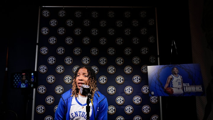 Kentucky player Dazia Lawrence answers a question during SEC Media Day at the Grand Bohemian Hotel in Mountain Brook Tuesday, Oct. 16, 2024.