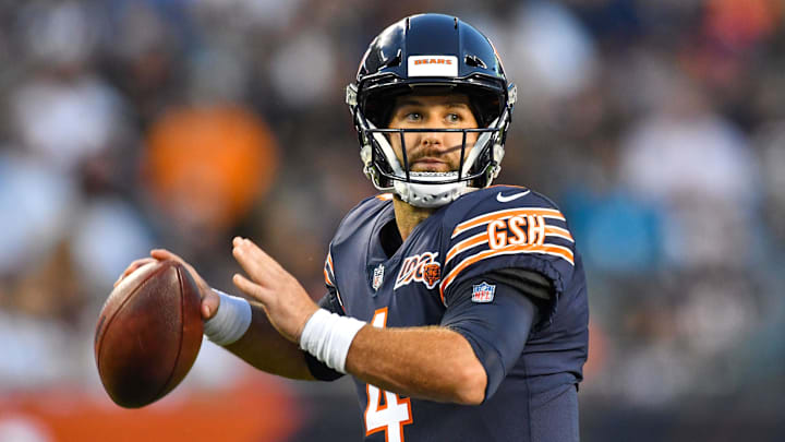 Aug 8, 2019; Chicago, IL, USA; Chicago Bears quarterback Chase Daniel (4) drops back to throw against the Carolina Panthers in the second quarter at Soldier Field. Mandatory Credit: Matt Cashore-Imagn Images