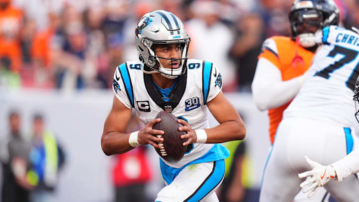 Oct 27, 2024; Denver, Colorado, USA; Carolina Panthers quarterback Bryce Young (9) prepares to pass the ball in the fourth quarter against the Denver Broncos at Empower Field at Mile High. Mandatory Credit: Ron Chenoy-Imagn Images