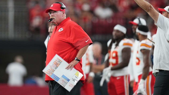 Kansas City Chiefs head coach Andy Reid walks the sidelines during their preseason game against the Arizona Cardinals at State Farm Stadium on Aug. 9, 2025.