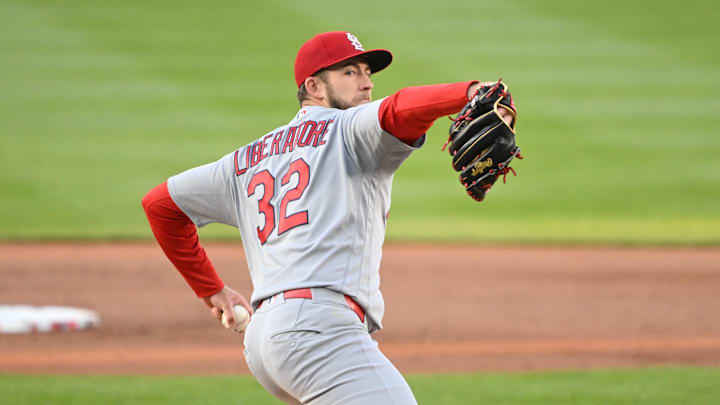Apr 7, 2026; Washington, District of Columbia, USA; St. Louis Cardinals starting pitcher Matthew Liberatore (32) throws a pitch against the Washington Nationals during the first inning at Nationals Park. Mandatory Credit: Rafael Suanes-Imagn Images