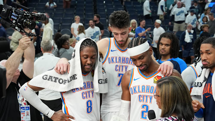 May 26, 2025; Minneapolis, Minnesota, USA; Oklahoma City Thunder forward Jalen Williams (8), forward Chet Holmgren (7) and guard Shai Gilgeous-Alexander (2) talk to the media after defeating the Minnesota Timberwolves in game four of the western conference finals for the 2025 NBA Playoffs at Target Center. Mandatory Credit: Jesse Johnson-Imagn Images May 26, 2025; Minneapolis, Minnesota, USA; Oklahoma City Thunder forward Jalen Williams (8), forward Chet Holmgren (7) and guard Shai Gilgeous-Alexander (2) talk to the media after defeating the Minnesota Timberwolves in game four of the western conference finals for the 2025 NBA Playoffs at Target Center. Mandatory Credit: Jesse Johnson-Imagn Images