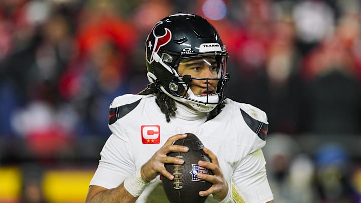 Jan 18, 2025; Kansas City, Missouri, USA; Houston Texans quarterback C.J. Stroud (7) drops back to pass during the second half against the Kansas City Chiefs in a 2025 AFC divisional round game at GEHA Field at Arrowhead Stadium. Mandatory Credit: Jay Biggerstaff-Imagn Images Jan 18, 2025; Kansas City, Missouri, USA; Houston Texans quarterback C.J. Stroud (7) drops back to pass during the second half against the Kansas City Chiefs in a 2025 AFC divisional round game at GEHA Field at Arrowhead Stadium. Mandatory Credit: Jay Biggerstaff-Imagn Images