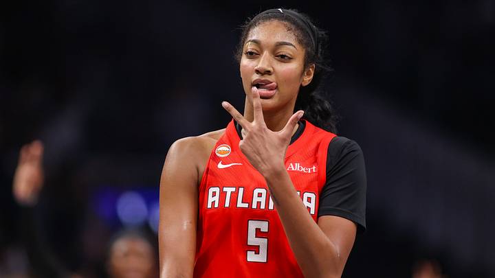 Oct 29, 2026; Atlanta, Georgia, USA; Atlanta Dream forward Angel Reese (5) reacts after a three-pointer against the Golden State Valkyries in the fourth quarter during game six of the 2026 WNBA Finals at State Farm Arena. Mandatory Credit: Brett Davis-Imagn Images