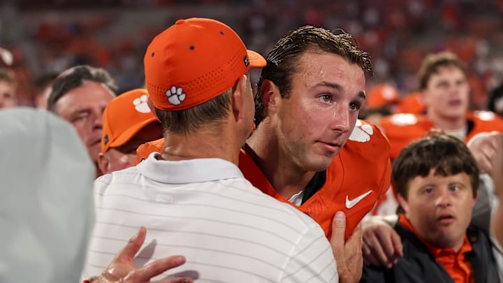 Cade Klubnik with Dabo Swinney at the finally of the Troy v Clemson game 