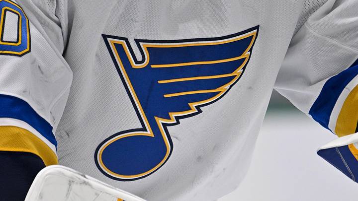 Dec 14, 2024; Dallas, Texas, USA; A view of the Blues logo on the jersey of St. Louis Blues goaltender Jordan Binnington (50) during the game between the Dallas Stars and the St. Louis Blues at American Airlines Center. Mandatory Credit: Jerome Miron-Imagn Images