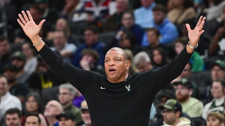 Milwaukee Bucks head coach Doc Rivers reacts in the third quarter against the Atlanta Hawks at Fiserv Forum on March 4, 2026.