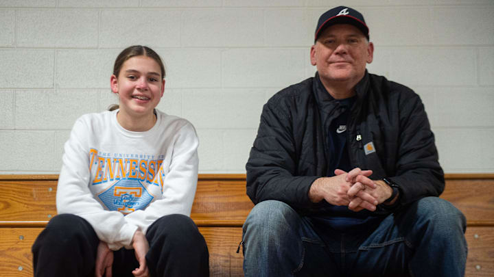 Eighth-grade Lady Vols basketball commit Finley Chastain and her father Shawn Chastain at the Bearden girls basketball game at Farragut High School on Friday, Feb. 17, 2023.

Kns Vols Bama Hoops