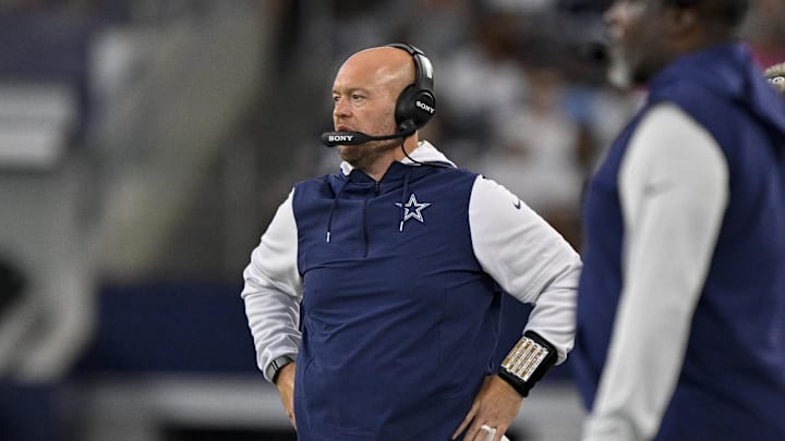 Aug 16, 2025; Arlington, Texas, USA; Dallas Cowboys defensive line coach Aaron Whitecotton during the game between the Dallas Cowboys and the Baltimore Ravens at AT&T Stadium. Mandatory Credit: Jerome Miron-Imagn Images