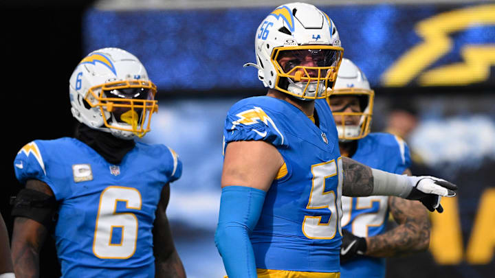 Los Angeles Chargers defensive end Morgan Fox during the second quarter against the Tennessee Titans at SoFi Stadium. Los Angeles Chargers defensive end Morgan Fox during the second quarter against the Tennessee Titans at SoFi Stadium.