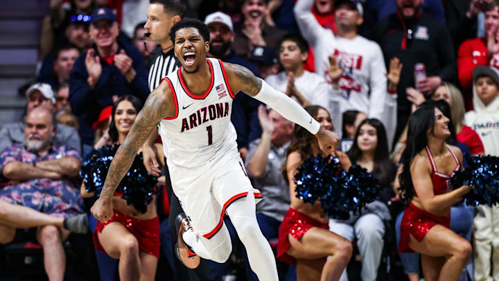 Dec 30, 2024; Tucson, Arizona, USA; Arizona Wildcats guard Caleb Love (1) celebrates his dunk during the first half of the game against the TCU Horned Frogs at McKale Center. Mandatory Credit: Aryanna Frank-Imagn Images Dec 30, 2024; Tucson, Arizona, USA; Arizona Wildcats guard Caleb Love (1) celebrates his dunk during the first half of the game against the TCU Horned Frogs at McKale Center. Mandatory Credit: Aryanna Frank-Imagn Images