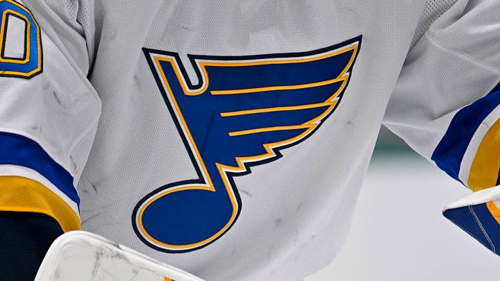 Dec 14, 2024; Dallas, Texas, USA; A view of the Blues logo on the jersey of St. Louis Blues goaltender Jordan Binnington (50) during the game between the Dallas Stars and the St. Louis Blues at American Airlines Center. Mandatory Credit: Jerome Miron-Imagn Images