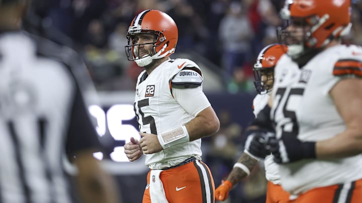 Jan 13, 2024; Houston, Texas, USA; Cleveland Browns quarterback Joe Flacco (15) jogs off the field